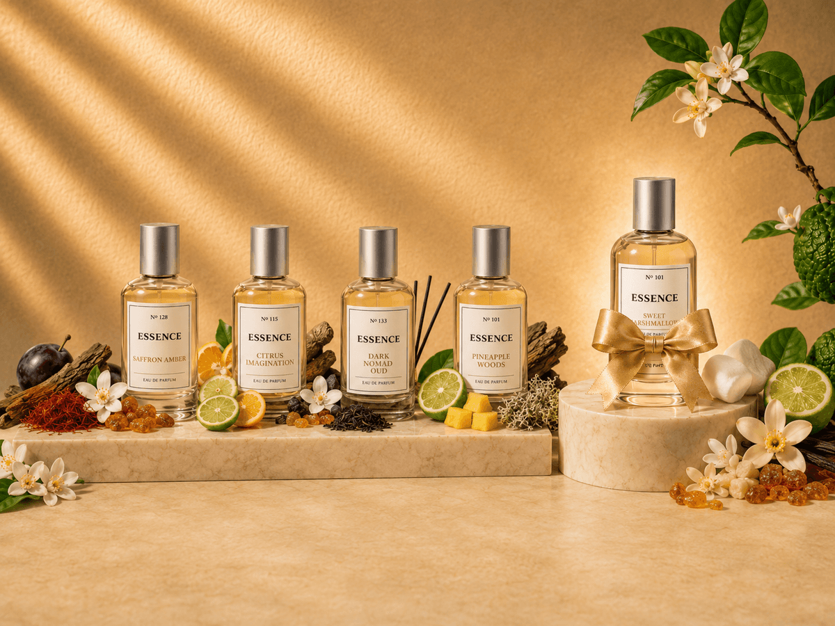 Set of Essence fragrance bottles on a wooden surface with decorative elements.
