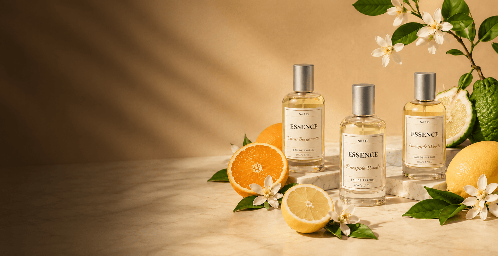 Essence cologne bottles with citrus fruits and flowers on a wooden surface