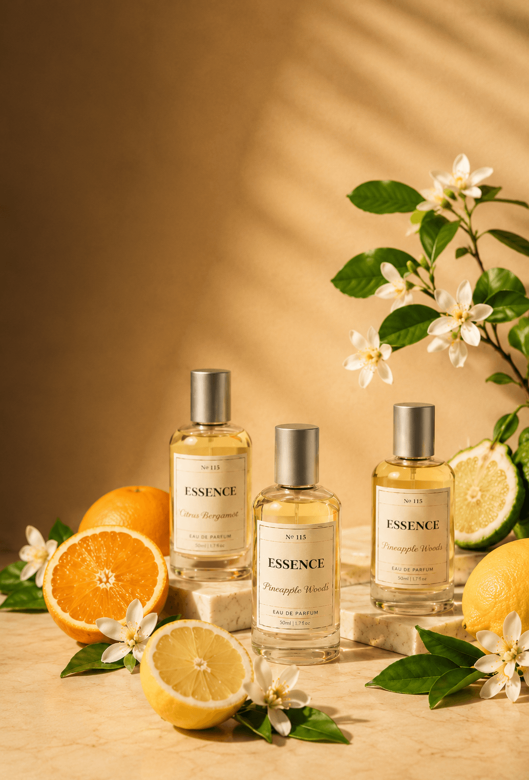 Three bottles of 'Essence' perfume with citrus fruits and flowers on a wooden surface.